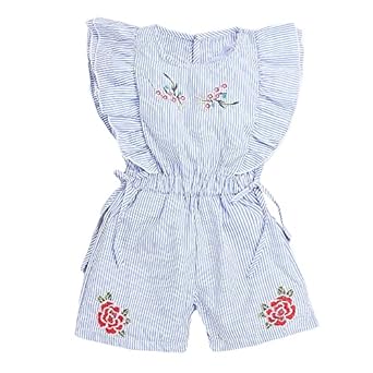 Hopscotch Baby Girls Cotton Wing Sleeves Floral Jumpsuits in Blue Color