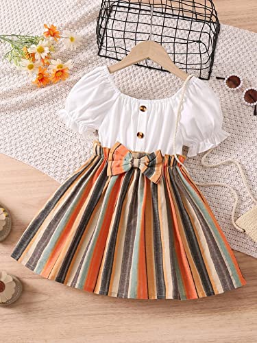 TAGAS Toddler Girls Striped Print Puff Sleeve Bow Front Dress || Stripe Pattern Dress for Kids || A Line Dress || Puff Sleeve Dress for Kids || Casual Dress (KD-202)