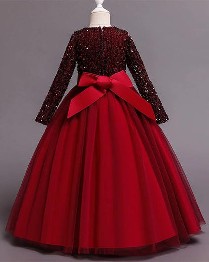 Niren Enterprise Elegant Emerald Girls' Long Sleeve Sequin Tulle Princess Gown - Perfect for Parties