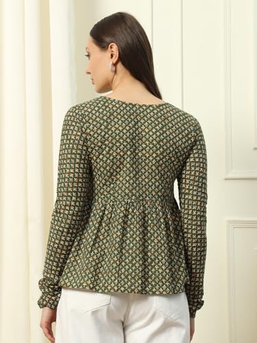 FIORRA Women's Green Cotton Top with Lace Detail and Printed Pattern