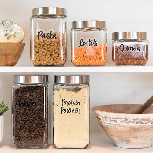 Rousrie Transparent Pantry Labels and Spices pre-Printed Stickers for Kitchen Jars Label Stickers - Waterproof Oil Resistant Leaves No Residue - Vinyl Easy to Read Labels (Pack of 194)