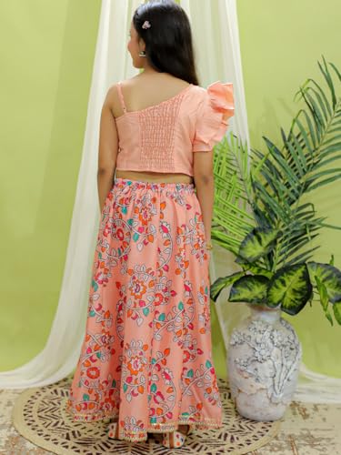 BownBee Girls Chanderi Floral Print Choli with Lehenga