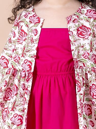 Pspeaches Girls Magenta Floral A-Line Cotton Below The Knee Dress with Attached Shrug