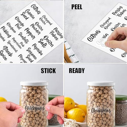 Rousrie Transparent Pantry Labels and Spices pre-Printed Stickers for Kitchen Jars Label Stickers - Waterproof Oil Resistant Leaves No Residue - Vinyl Easy to Read Labels (Pack of 194)