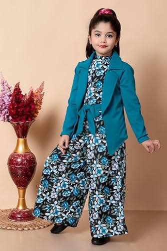 SPAMitude Girls Self Designed Premium Cotton Jacket Jumpsuit Dress | Floral Printed Jumpsuit Jacket Set for Birthday Girl