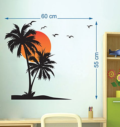 Walltech Combo of 4 Wall Sticker Free Bird case Black-(150 x 115 cms)|Brown Tree Cute Animals-(92 x 81 cms)|Beach with Sunset-(55 x 60 cms)|Different Tree with Flower-(92 x 132 cms)-Material Vinyl