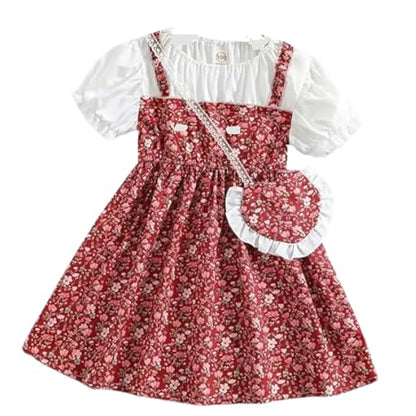 Niren Enterprise Adorable Floral Girl’s Dress with Heart-Shaped Purse – Perfect for Any Occasion