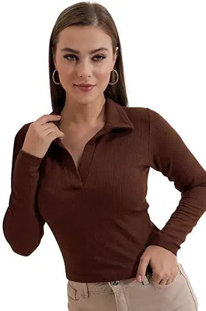 Dream Beauty Fashion Women's Collared Neck Long Sleeve Slim Fit Casual Tee Top