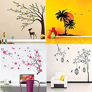 Walltech Combo of 4 Wall Sticker Free Bird case Black-(150 x 115 cms)|Brown Tree Cute Animals-(92 x 81 cms)|Beach with Sunset-(55 x 60 cms)|Different Tree with Flower-(92 x 132 cms)-Material Vinyl