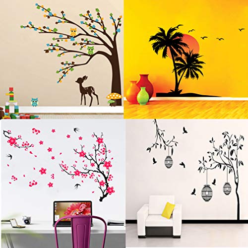 Walltech Combo of 4 Wall Sticker Free Bird case Black-(150 x 115 cms)|Brown Tree Cute Animals-(92 x 81 cms)|Beach with Sunset-(55 x 60 cms)|Different Tree with Flower-(92 x 132 cms)-Material Vinyl