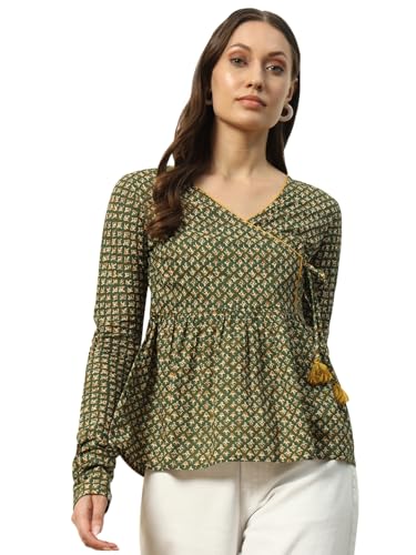 FIORRA Women's Green Cotton Top with Lace Detail and Printed Pattern