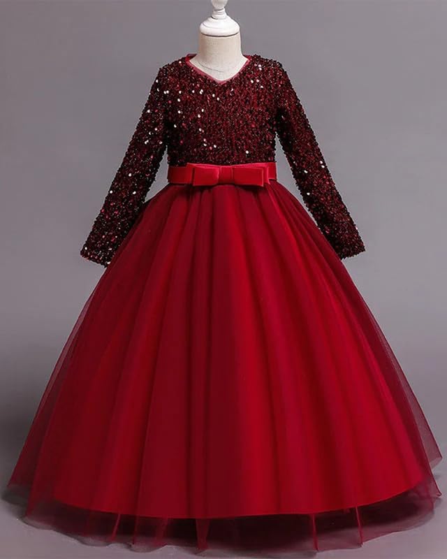 Niren Enterprise Elegant Emerald Girls' Long Sleeve Sequin Tulle Princess Gown - Perfect for Parties