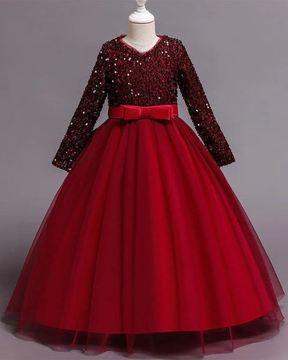 Niren Enterprise Elegant Emerald Girls' Long Sleeve Sequin Tulle Princess Gown - Perfect for Parties