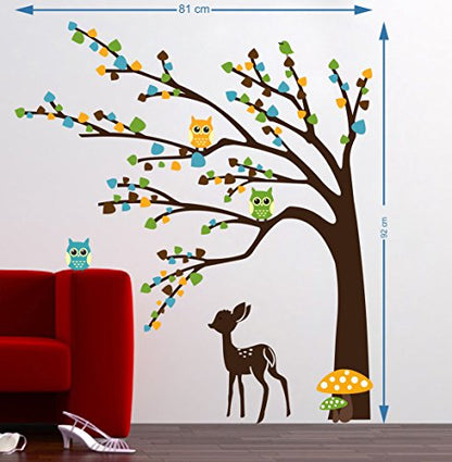 Walltech Combo of 4 Wall Sticker Free Bird case Black-(150 x 115 cms)|Brown Tree Cute Animals-(92 x 81 cms)|Beach with Sunset-(55 x 60 cms)|Different Tree with Flower-(92 x 132 cms)-Material Vinyl