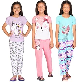 TotzTouch Kids Girls Night Wear T Shirt & Pyjama | Night Dress for Girl Kids | Night Dresses Tee Top & Pajama Pant Set (Sizes 6 Months to 15 Years)