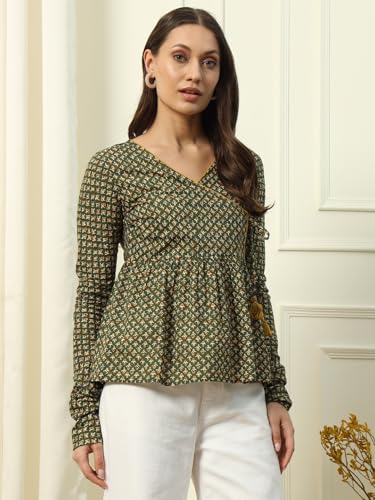 FIORRA Women's Green Cotton Top with Lace Detail and Printed Pattern