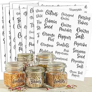 Rousrie Transparent Pantry Labels and Spices pre-Printed Stickers for Kitchen Jars Label Stickers - Waterproof Oil Resistant Leaves No Residue - Vinyl Easy to Read Labels (Pack of 194)