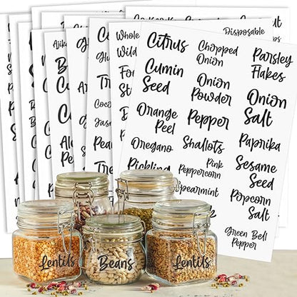 Rousrie Transparent Pantry Labels and Spices pre-Printed Stickers for Kitchen Jars Label Stickers - Waterproof Oil Resistant Leaves No Residue - Vinyl Easy to Read Labels (Pack of 194)