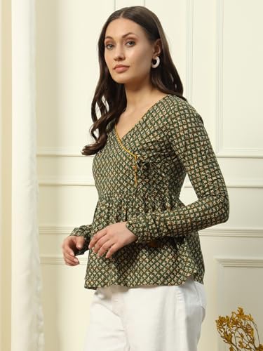 FIORRA Women's Green Cotton Top with Lace Detail and Printed Pattern