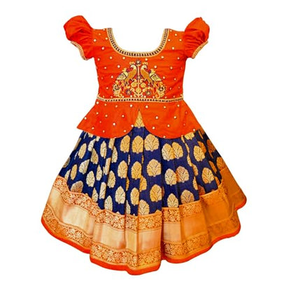 White Button Girls Jacquard New South Indian Traditional Pattu Pavadai Jecquard Readymade Lehenga Choli