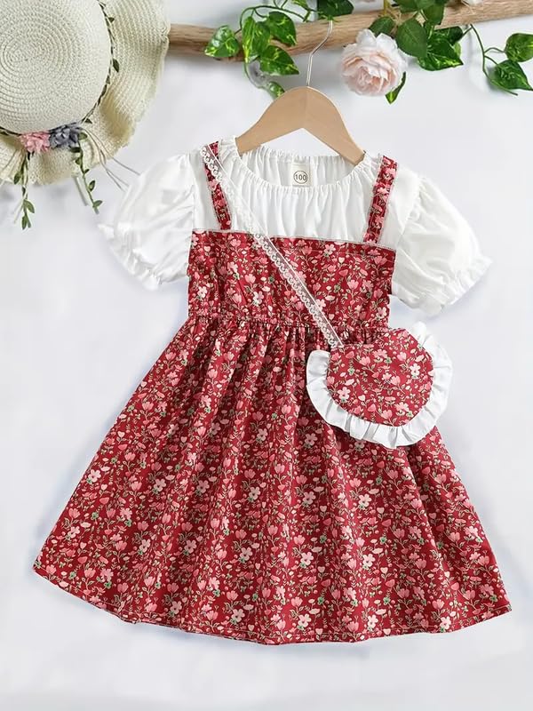 Niren Enterprise Adorable Floral Girl’s Dress with Heart-Shaped Purse – Perfect for Any Occasion