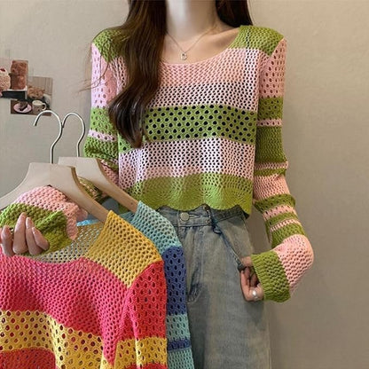 ICW Women's Korean Style Knitted Sheer Crochet Long Sleeve Hollow Out Colour Block Print Crop Top T-Shirt Sweater (One Size Fit XS-S-M Bust 32-36 Inch) 29