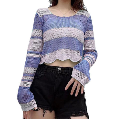 ICW Women's Korean Style Knitted Sheer Crochet Long Sleeve Hollow Out Colour Block Print Crop Top T-Shirt Sweater (One Size Fit XS-S-M Bust 32-36 Inch) 29