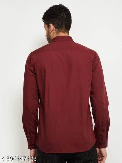 GLOREN Men Slim Fit Solid Spread Collar Casual Maroon Shirt