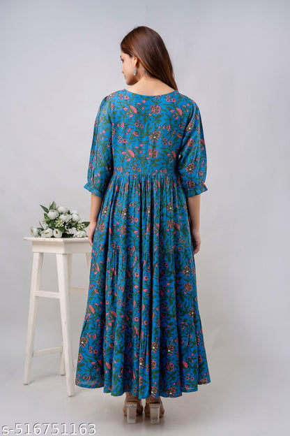 Cotton Floral Printed Puff Sleevless Long Anarkali Kurti/Kurta