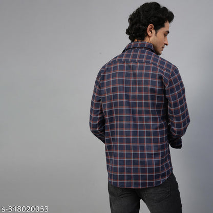 FTX Men's Checked Regular Spread Collar Navy Blue Shirts