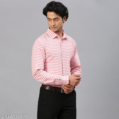 FTX Men's Horizontal Stripes Regular Spread Collar Pink Shirts