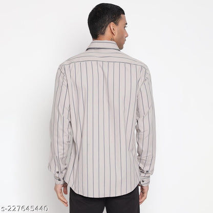 FTX Men's Vertical Stripes Slim Spread Collar White Shirts