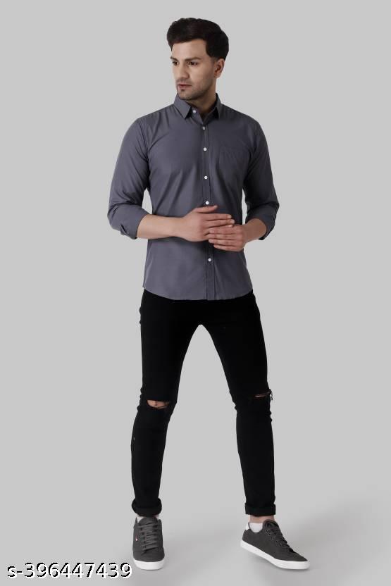 GLOREN Men Slim Fit Solid Spread Collar Casual Grey Shirt