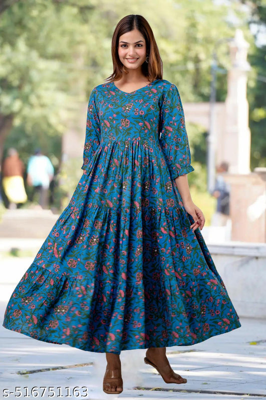 Cotton Floral Printed Puff Sleevless Long Anarkali Kurti/Kurta