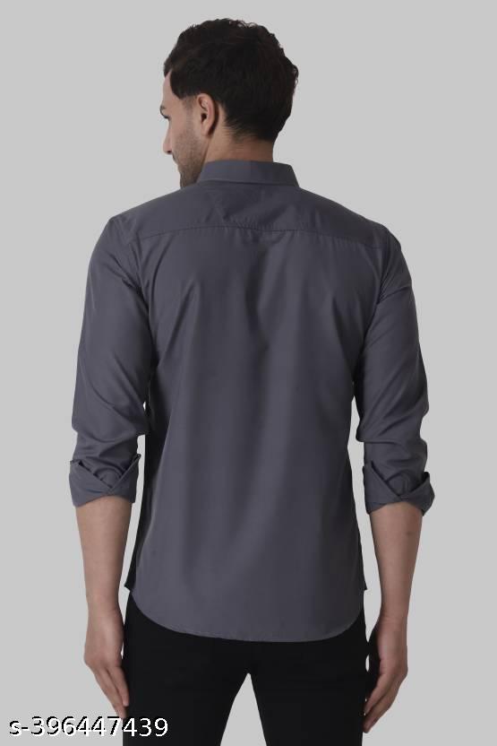 GLOREN Men Slim Fit Solid Spread Collar Casual Grey Shirt