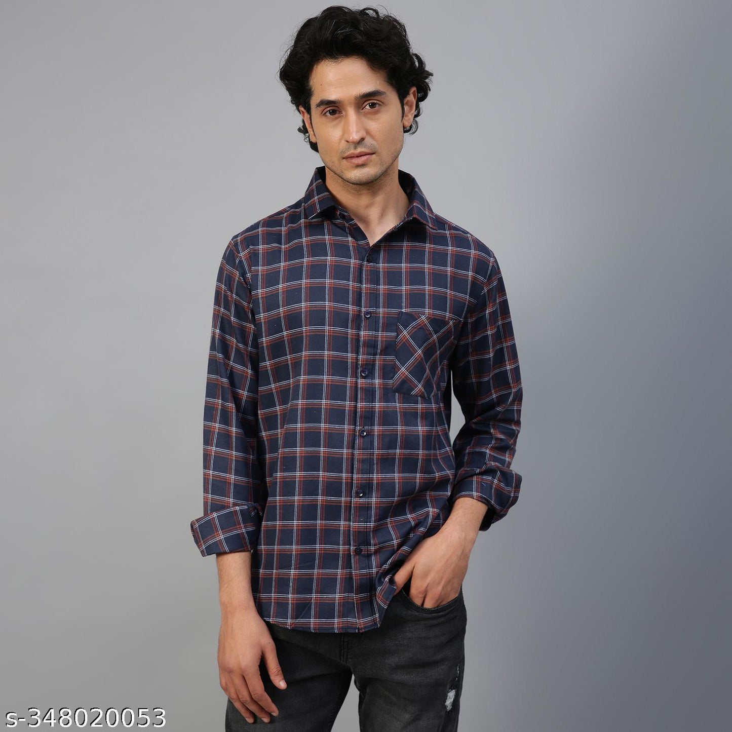 FTX Men's Checked Regular Spread Collar Navy Blue Shirts