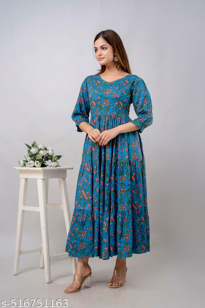 Cotton Floral Printed Puff Sleevless Long Anarkali Kurti/Kurta