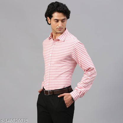 FTX Men's Horizontal Stripes Regular Spread Collar Pink Shirts