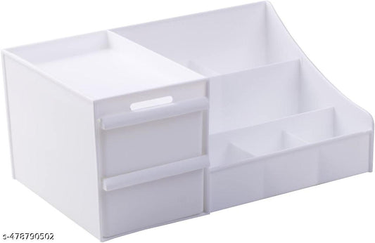 Multi Grid Plastic Desktop Storage Cosmetic Organizer with 2 Drawer Vanity Box Sundries Cosmetics Box Modern Countertop Storage for Dressing Table Vanity Box (White)