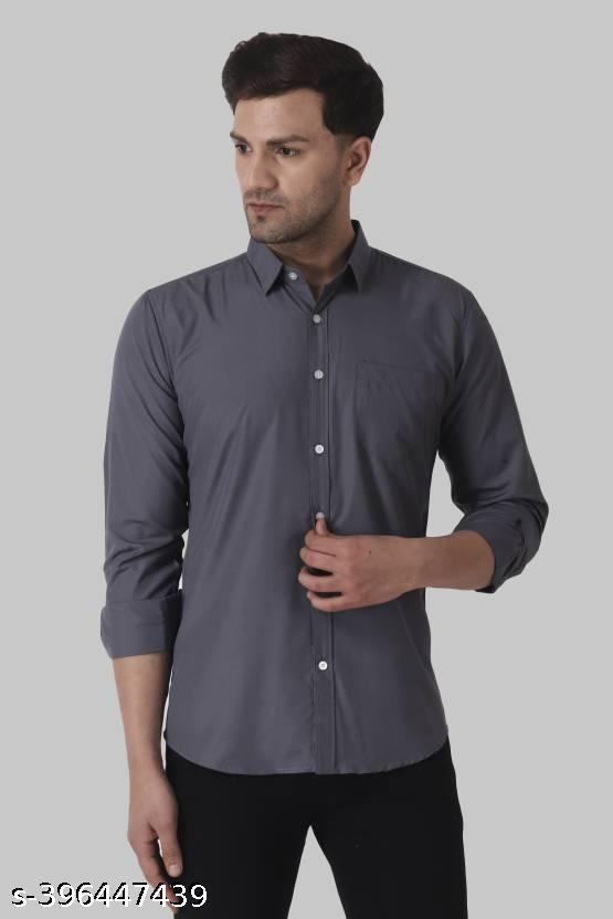 GLOREN Men Slim Fit Solid Spread Collar Casual Grey Shirt